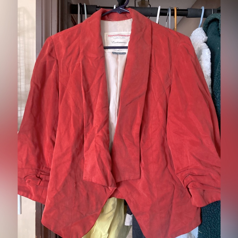 Cartonnier Anthropologie Red Open Front Cropped Tencel Blazer Ruched Cuffs 12